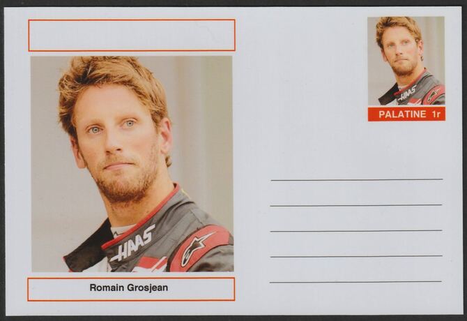 Palatine (Fantasy) Personalities - Romain Grosjean (F1) glossy postal stationery card unused and fine, stamps on , stamps on  stamps on personalities, stamps on  stamps on sport, stamps on  stamps on formula 1, stamps on  stamps on  f1 , stamps on  stamps on cars