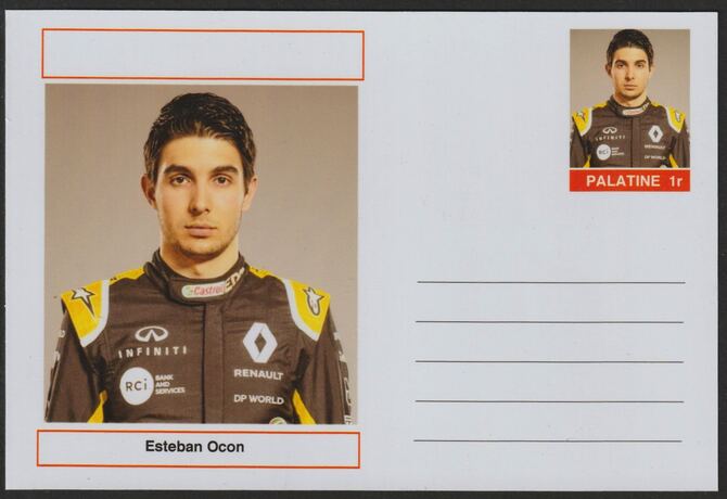 Palatine (Fantasy) Personalities - Esteban Ocon (F1) postal stationery card unused and fine, stamps on , stamps on  stamps on personalities, stamps on  stamps on sport, stamps on  stamps on formula 1, stamps on  stamps on  f1 , stamps on  stamps on cars