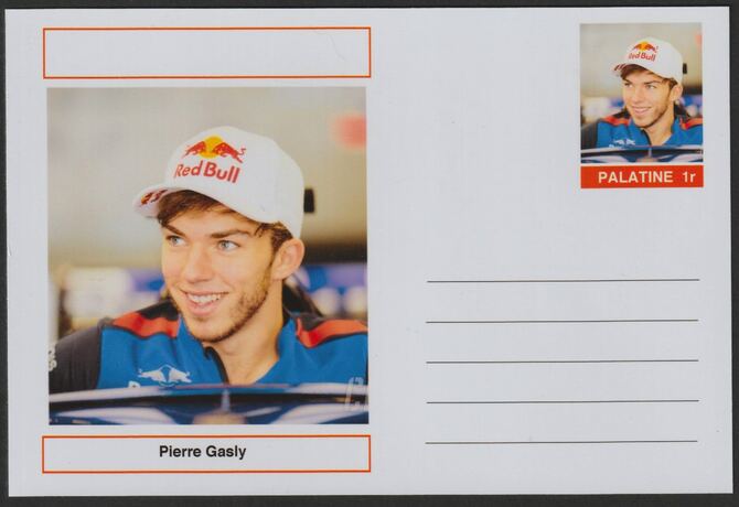 Palatine (Fantasy) Personalities - Pierre Gasly (F1) glossy postal stationery card unused and fine, stamps on personalities, stamps on sport, stamps on formula 1, stamps on  f1 , stamps on cars