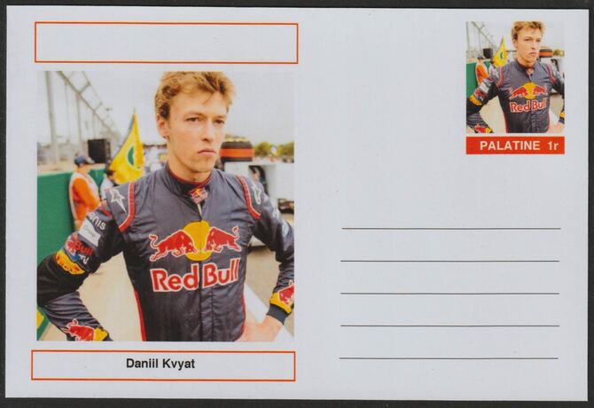 Palatine (Fantasy) Personalities - Daniil Kvyat (F1) glossy postal stationery card unused and fine, stamps on , stamps on  stamps on personalities, stamps on  stamps on sport, stamps on  stamps on formula 1, stamps on  stamps on  f1 , stamps on  stamps on cars