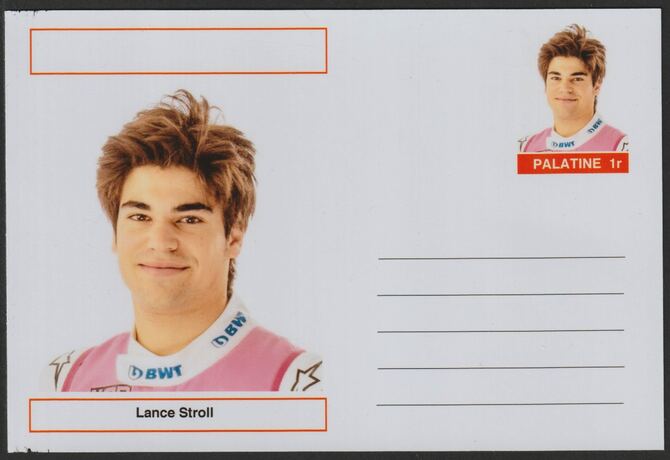 Palatine (Fantasy) Personalities - Lance Stroll (F1) glossy postal stationery card unused and fine, stamps on personalities, stamps on sport, stamps on formula 1, stamps on  f1 , stamps on cars