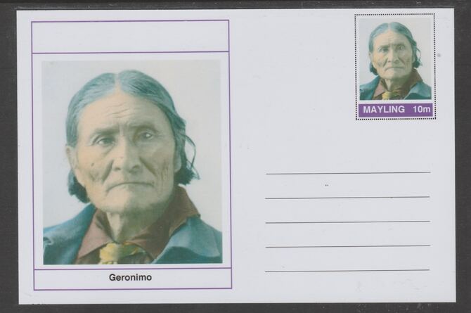 Mayling (Fantasy) Wild West - Geronimo glossy postal stationery card unused and fine, stamps on personalities, stamps on wild west