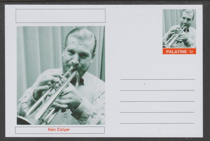 Palatine (Fantasy) Personalities - Ken Colyer glossy postal stationery card unused and fine, stamps on personalities, stamps on music, stamps on jazz