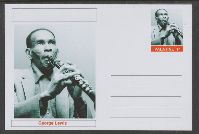 Palatine (Fantasy) Personalities - George Lewis glossy postal stationery card unused and fine, stamps on personalities, stamps on music, stamps on jazz