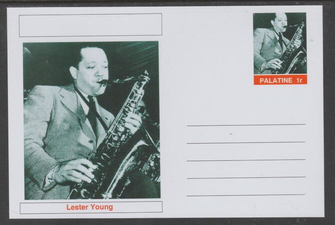 Palatine (Fantasy) Personalities - Lester Young glossy postal stationery card unused and fine, stamps on personalities, stamps on music, stamps on jazz