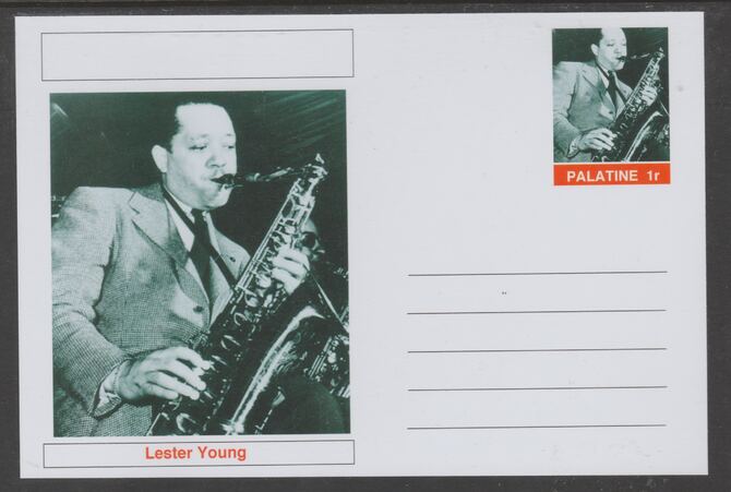 Palatine (Fantasy) Personalities - Lester Young glossy postal stationery card unused and fine, stamps on , stamps on  stamps on personalities, stamps on  stamps on music, stamps on  stamps on jazz