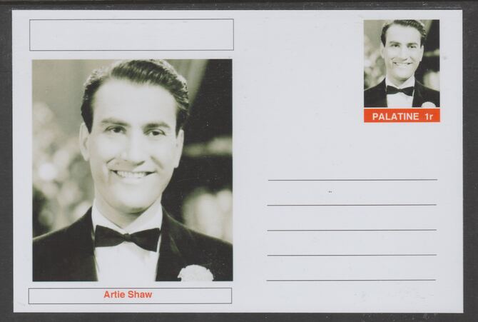 Palatine (Fantasy) Personalities - Artie Shaw glossy postal stationery card unused and fine, stamps on , stamps on  stamps on personalities, stamps on  stamps on music, stamps on  stamps on jazz