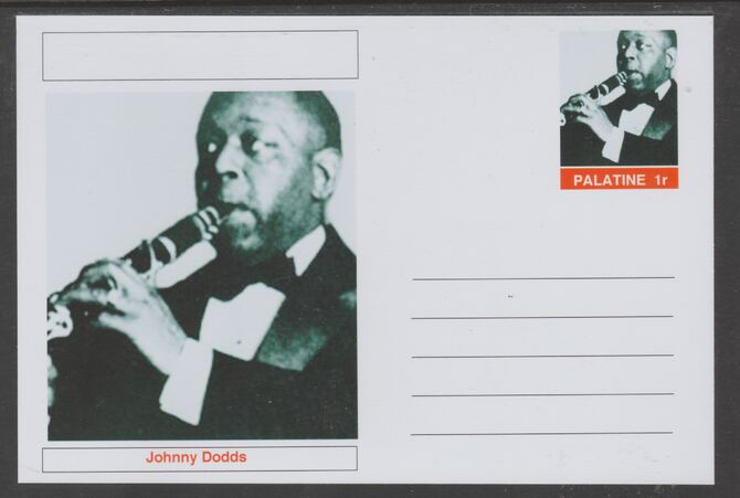 Palatine (Fantasy) Personalities - Johnny Dodds glossy postal stationery card unused and fine, stamps on personalities, stamps on music, stamps on jazz
