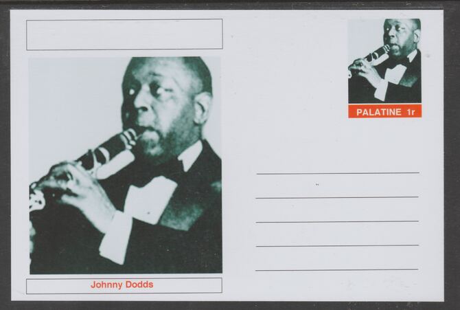 Palatine (Fantasy) Personalities - Johnny Dodds glossy postal stationery card unused and fine, stamps on , stamps on  stamps on personalities, stamps on  stamps on music, stamps on  stamps on jazz