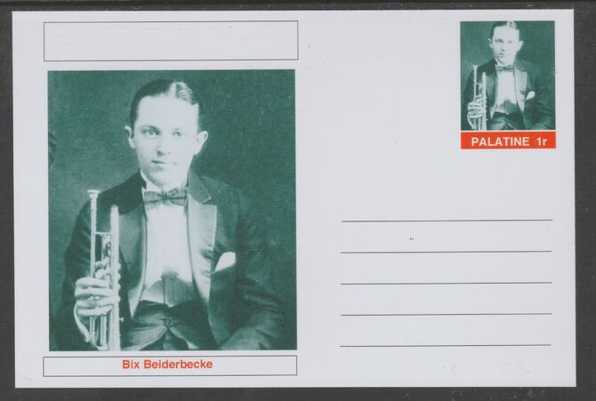 Palatine (Fantasy) Personalities - Bix Beiderbecke glossy postal stationery card unused and fine, stamps on personalities, stamps on music, stamps on jazz