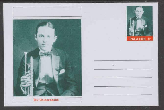 Palatine (Fantasy) Personalities - Bix Beiderbecke glossy postal stationery card unused and fine, stamps on , stamps on  stamps on personalities, stamps on  stamps on music, stamps on  stamps on jazz