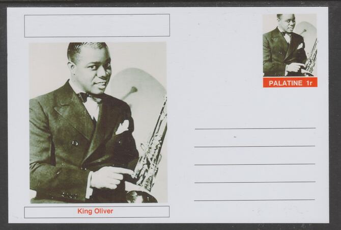 Palatine (Fantasy) Personalities - King Oliver glossy postal stationery card unused and fine, stamps on personalities, stamps on music, stamps on jazz