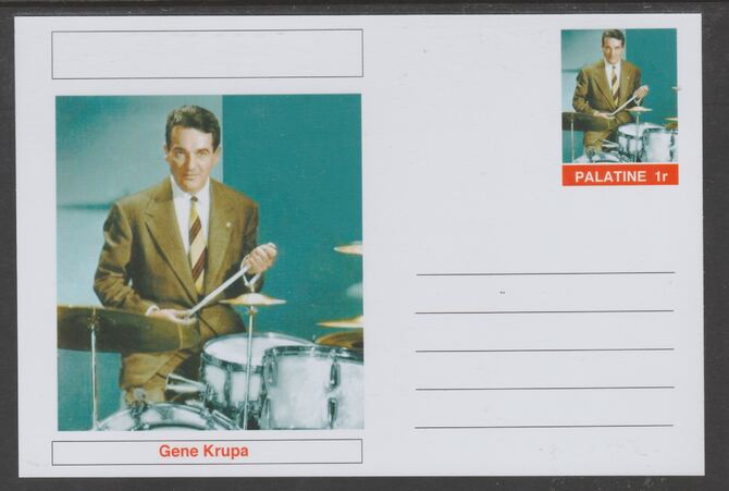 Palatine (Fantasy) Personalities - Gene Krupa glossy postal stationery card unused and fine, stamps on personalities, stamps on music, stamps on jazz