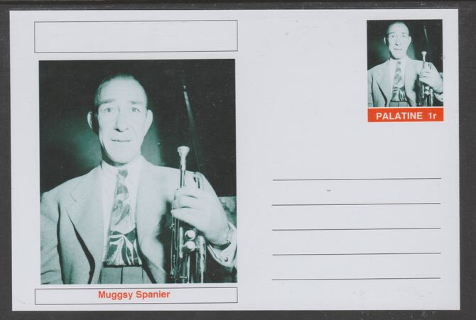 Palatine (Fantasy) Personalities - Muggsy Spanier glossy postal stationery card unused and fine, stamps on , stamps on  stamps on personalities, stamps on  stamps on music, stamps on  stamps on jazz