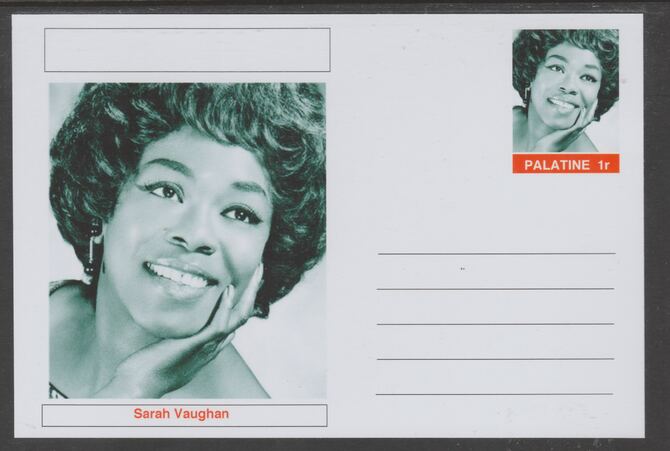 Palatine (Fantasy) Personalities - Sarah Vaughan glossy postal stationery card unused and fine, stamps on personalities, stamps on music, stamps on jazz