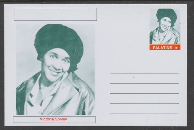 Palatine (Fantasy) Personalities - Victoria Spivey glossy postal stationery card unused and fine, stamps on , stamps on  stamps on personalities, stamps on  stamps on music, stamps on  stamps on blues