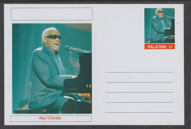 Palatine (Fantasy) Personalities - Ray Charles glossy postal stationery card unused and fine, stamps on , stamps on  stamps on personalities, stamps on  stamps on music, stamps on  stamps on blues