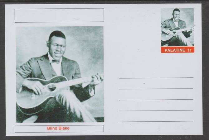 Palatine (Fantasy) Personalities - Blind Blake glossy postal stationery card unused and fine, stamps on personalities, stamps on music, stamps on blues