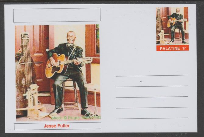 Palatine (Fantasy) Personalities - Jesse Fuller glossy postal stationery card unused and fine, stamps on , stamps on  stamps on personalities, stamps on  stamps on music, stamps on  stamps on blues