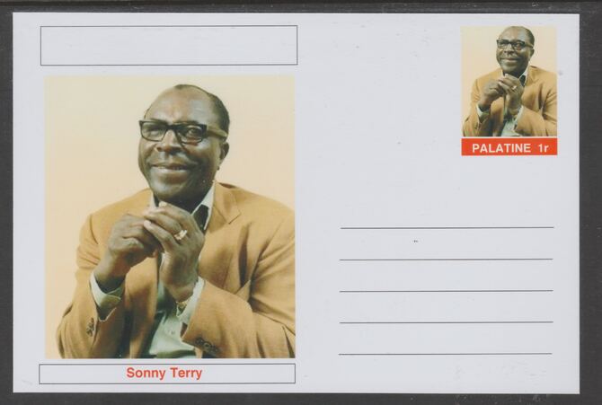 Palatine (Fantasy) Personalities - Sonny Terry glossy postal stationery card unused and fine, stamps on personalities, stamps on music, stamps on blues