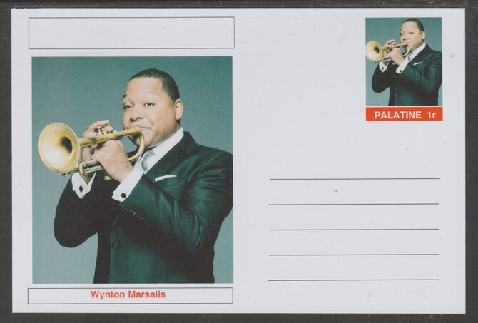 Palatine (Fantasy) Personalities - Wynton Marsalis glossy postal stationery card unused and fine, stamps on personalities, stamps on music, stamps on jazz