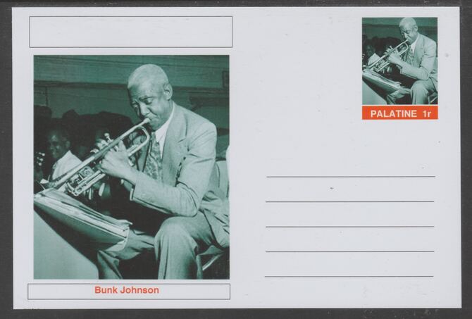 Palatine (Fantasy) Personalities - Bunk Johnson glossy postal stationery card unused and fine, stamps on , stamps on  stamps on personalities, stamps on  stamps on music, stamps on  stamps on jazz