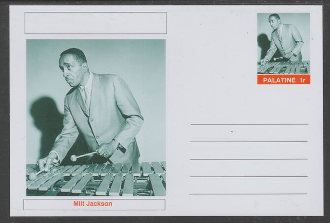 Palatine (Fantasy) Personalities - Milt Jackson glossy postal stationery card unused and fine, stamps on personalities, stamps on music, stamps on jazz