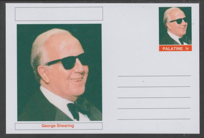 Palatine (Fantasy) Personalities - George Shearing glossy postal stationery card unused and fine, stamps on personalities, stamps on music, stamps on jazz