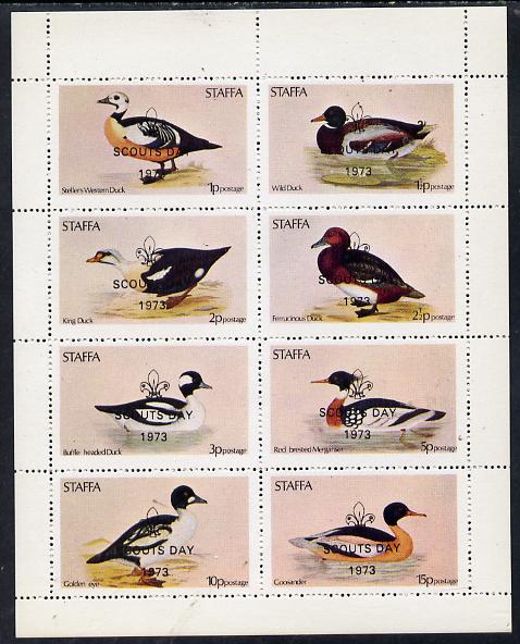 Staffa 1973 Ducks perf  set of 8 values opt'd Scouts Day 1973 (1p to 15p) unmounted mint, stamps on birds     scouts     ducks