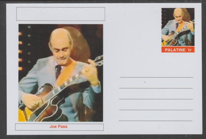 Palatine (Fantasy) Personalities - Joe Pass glossy postal stationery card unused and fine, stamps on , stamps on  stamps on personalities, stamps on  stamps on music, stamps on  stamps on jazz