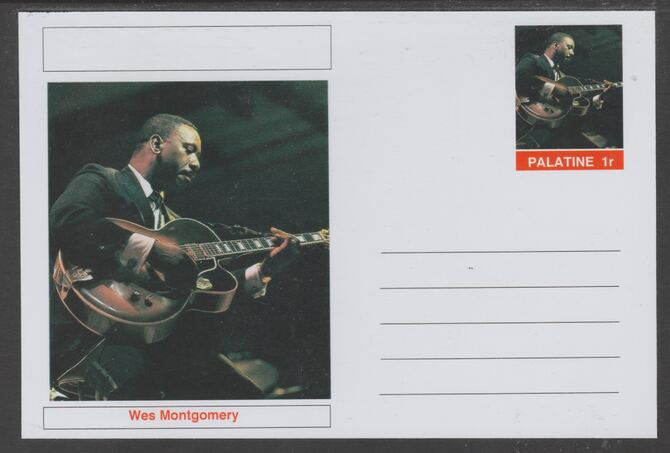 Palatine (Fantasy) Personalities - Wes Montgomery glossy postal stationery card unused and fine, stamps on personalities, stamps on music, stamps on jazz