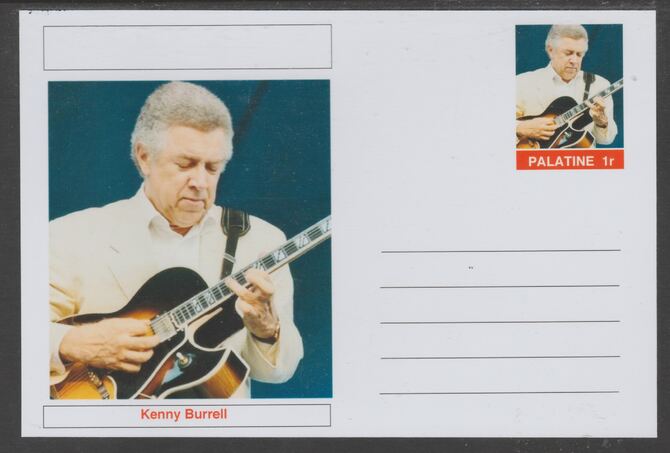 Palatine (Fantasy) Personalities - Kenny Burrell glossy postal stationery card unused and fine, stamps on personalities, stamps on music, stamps on jazz