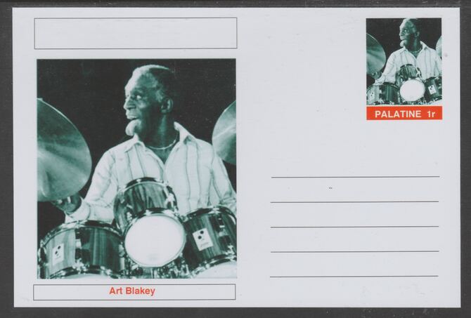 Palatine (Fantasy) Personalities - Art Blakey glossy postal stationery card unused and fine, stamps on , stamps on  stamps on personalities, stamps on  stamps on music, stamps on  stamps on jazz