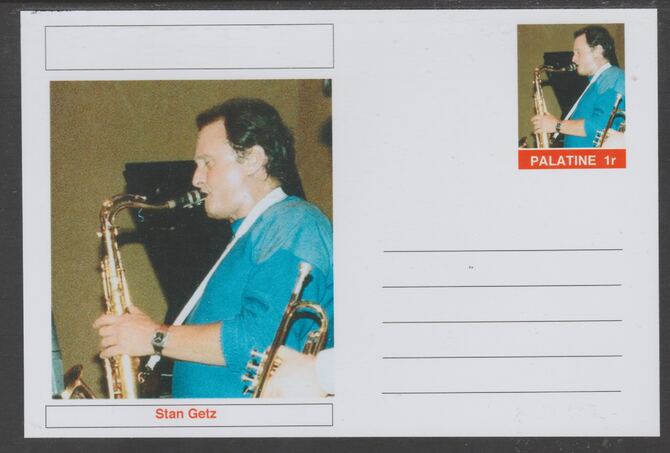 Palatine (Fantasy) Personalities - Stan Getz glossy postal stationery card unused and fine, stamps on personalities, stamps on music, stamps on jazz