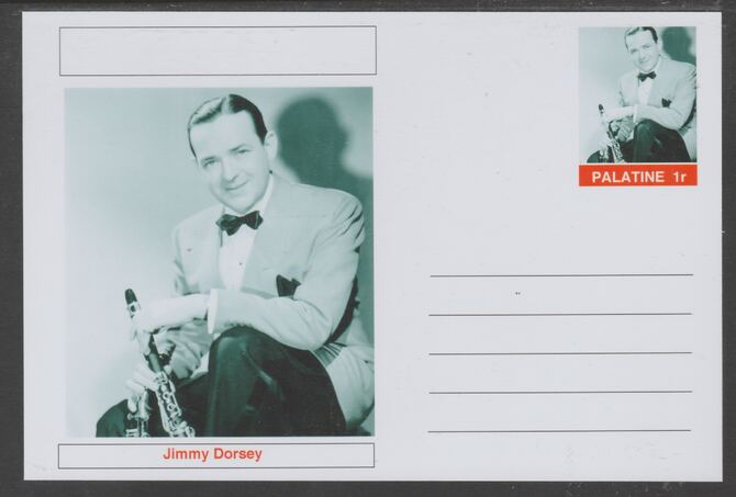 Palatine (Fantasy) Personalities - Jimmy Dorsey glossy postal stationery card unused and fine, stamps on personalities, stamps on music, stamps on jazz