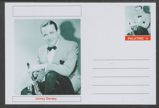 Palatine (Fantasy) Personalities - Jimmy Dorsey glossy postal stationery card unused and fine, stamps on , stamps on  stamps on personalities, stamps on  stamps on music, stamps on  stamps on jazz