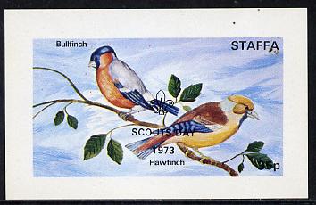 Staffa 1972 Finches optd Scouts Day 1973 imperf souvenir sheet (35p value) unmounted mint, stamps on birds     scouts