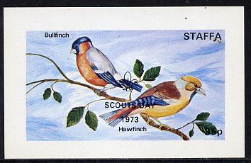 Staffa 1972 Finches opt'd Scouts Day 1973 imperf souvenir sheet (35p value) unmounted mint, stamps on birds     scouts