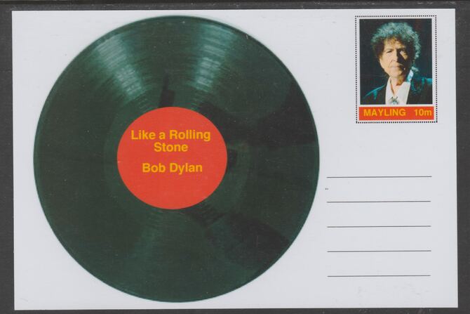 Mayling (Fantasy) Greatest Hits - Bob Dylan - Like a Rolling Stone - glossy postal stationery card unused and fine, stamps on , stamps on  stamps on personalities, stamps on  stamps on music, stamps on  stamps on pops, stamps on  stamps on rock, stamps on  stamps on 