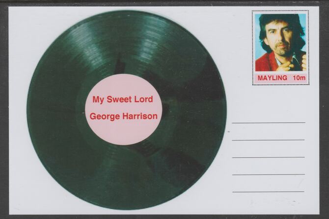 Mayling (Fantasy) Greatest Hits - George Harrison - My Sweet Lord - glossy postal stationery card unused and fine, stamps on personalities, stamps on music, stamps on pops, stamps on rock, stamps on 