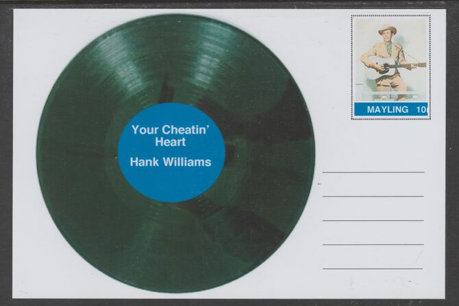 Mayling (Fantasy) Greatest Hits - Hank Williams - Your Cheatin' Heart - glossy postal stationery card unused and fine, stamps on personalities, stamps on music, stamps on pops, stamps on rock, stamps on 