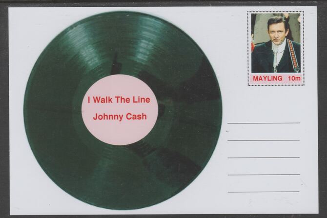 Mayling (Fantasy) Greatest Hits - Johnny Cash - I Walk the Line - glossy postal stationery card unused and fine, stamps on personalities, stamps on music, stamps on pops, stamps on rock, stamps on 