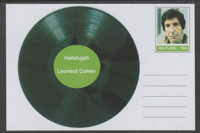 Mayling (Fantasy) Greatest Hits - Leonard Cohen - Hallelujah - glossy postal stationery card unused and fine, stamps on personalities, stamps on music, stamps on pops, stamps on rock, stamps on 