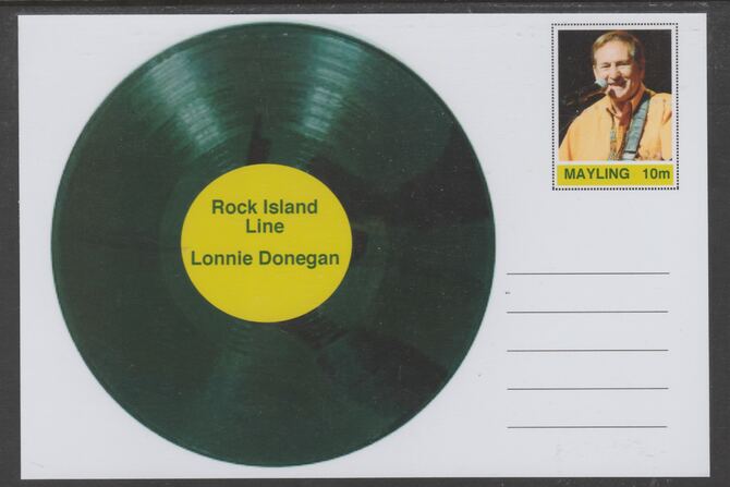 Mayling (Fantasy) Greatest Hits - Lonnie Donegan - Rock Island Line - glossy postal stationery card unused and fine, stamps on personalities, stamps on music, stamps on pops, stamps on rock, stamps on 