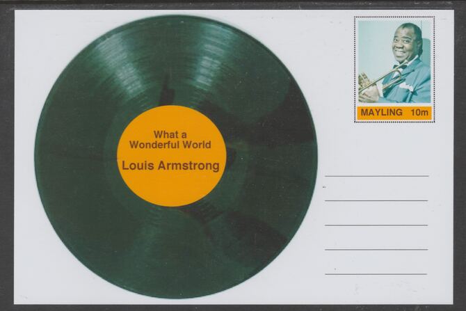 Mayling (Fantasy) Greatest Hits - Louis Armstrong - What a Wonderful World - glossy postal stationery card unused and fine, stamps on personalities, stamps on music, stamps on pops, stamps on rock, stamps on 