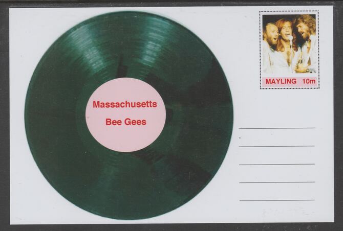 Mayling (Fantasy) Greatest Hits- Bee Gees - Massachusetts - glossy postal stationery card unused and fine, stamps on , stamps on  stamps on personalities, stamps on  stamps on music, stamps on  stamps on pops, stamps on  stamps on 