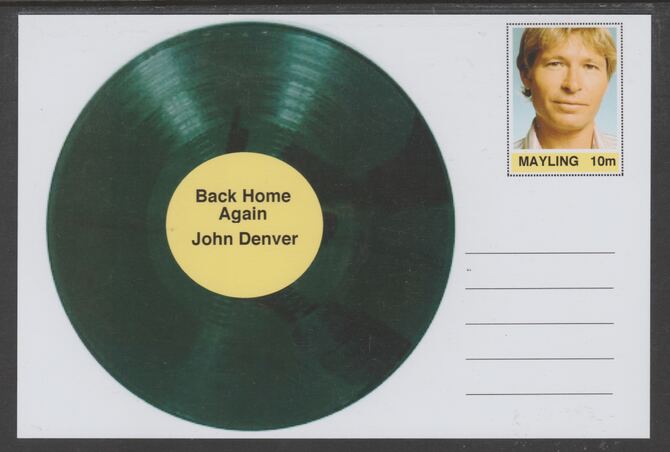 Mayling (Fantasy) Greatest Hits - John Denver - Back Home Again - glossy postal stationery card unused and fine, stamps on personalities, stamps on music, stamps on pops, stamps on 