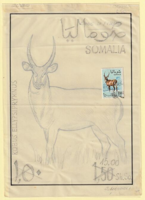 Somalia 1968 Antelope 1s50 Original artwork rough essay on tracing paper by Corrado Mancioli comprising a) the animal and b) the frame, minor  wrinkles image size 140 x 2..., stamps on animals, stamps on antelope, stamps on 