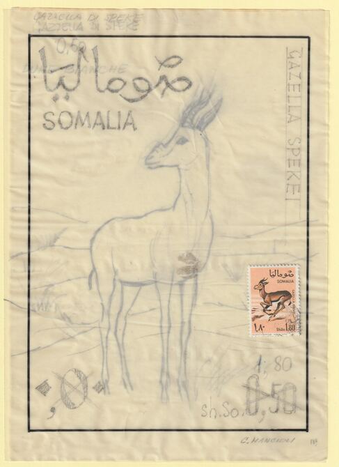 Somalia 1968 Antelope 1s80 Original artwork rough essay on tracing paper by Corrado Mancioli comprising a) the animal and b) the frame, minor  wrinkles image size 140 x 2..., stamps on animals, stamps on antelope, stamps on 
