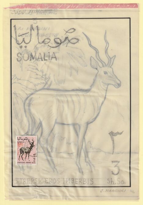Somalia 1968 Antelope 2s Original artwork rough essay on tracing paper by Corrado Mancioli comprising a) the animal and b) the frame, minor  wrinkles image size 140 x 200..., stamps on animals, stamps on antelope, stamps on 